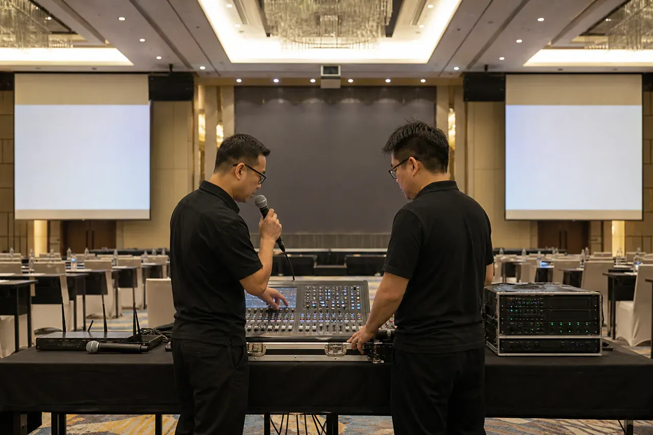 Chinese Malaysian event professionals preparing Event AV technician and operator support