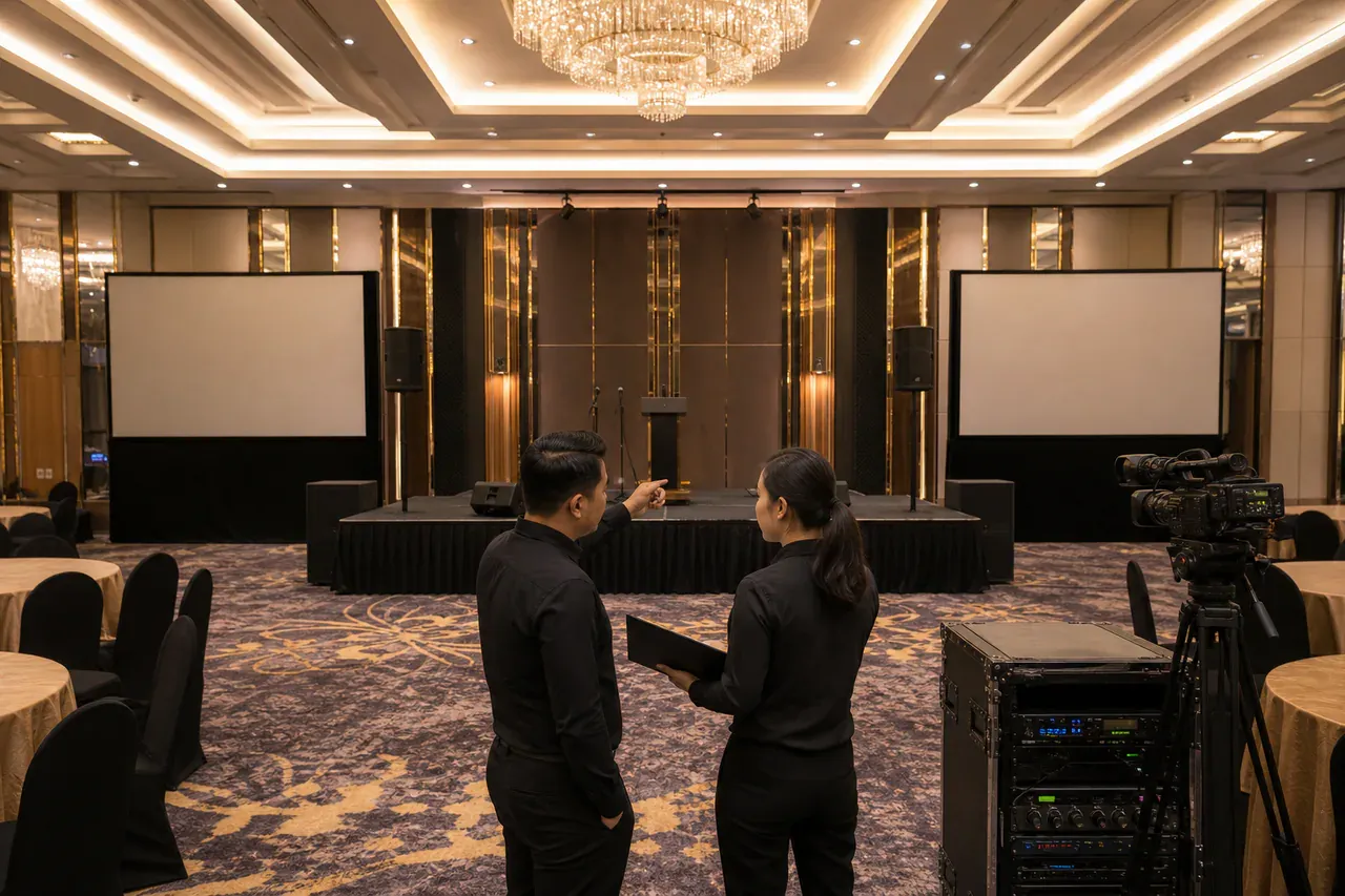 Chinese Malaysian event professionals preparing Complete event AV rental packages