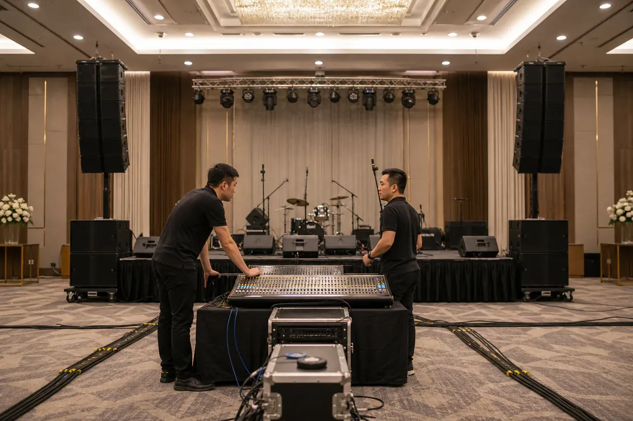 Chinese Malaysian event professionals preparing Complete event sound-system rental