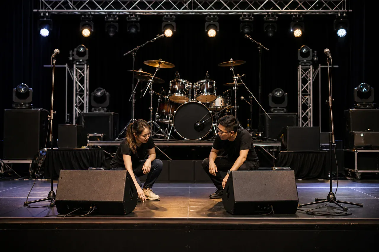 Chinese Malaysian event professionals preparing Concert and live-band sound-system rental