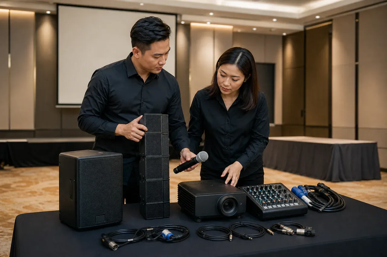 Chinese Malaysian event professionals preparing Event AV equipment explained and compared