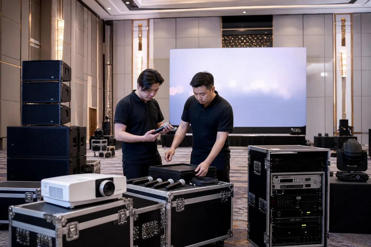 Chinese Malaysian event professionals preparing AV equipment library