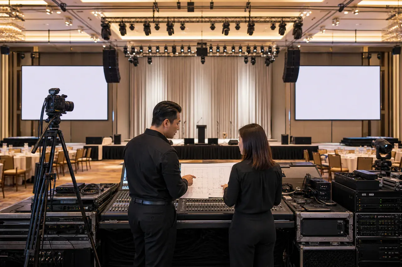 Chinese Malaysian event professionals preparing The complete guide to event AV planning in Malaysia
