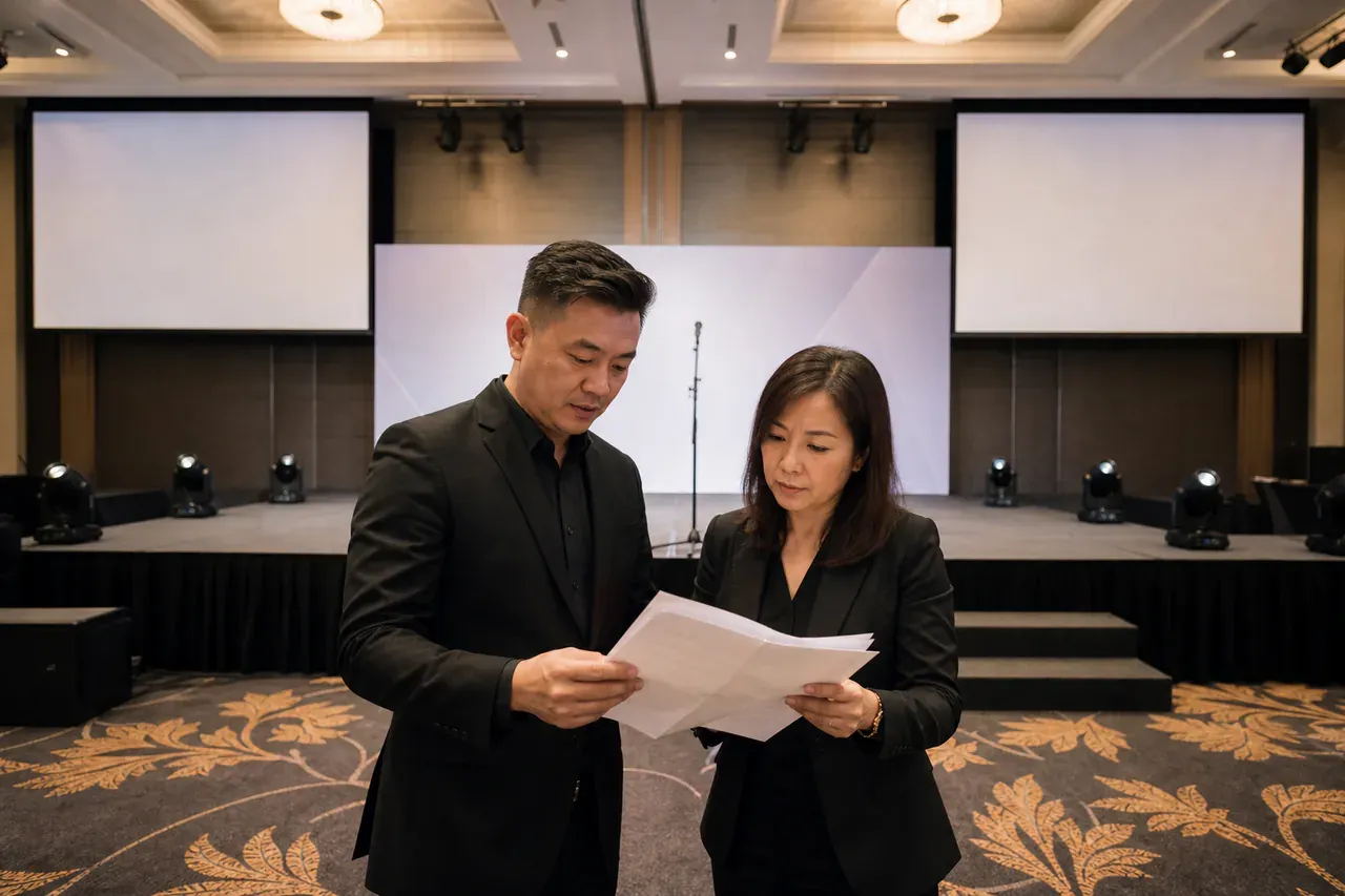 Chinese Malaysian event professionals preparing Event formats and technical run-of-show