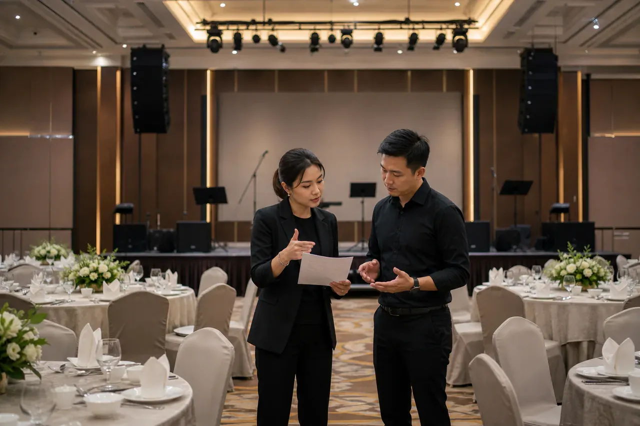 Chinese Malaysian event professionals preparing Event-format AV library