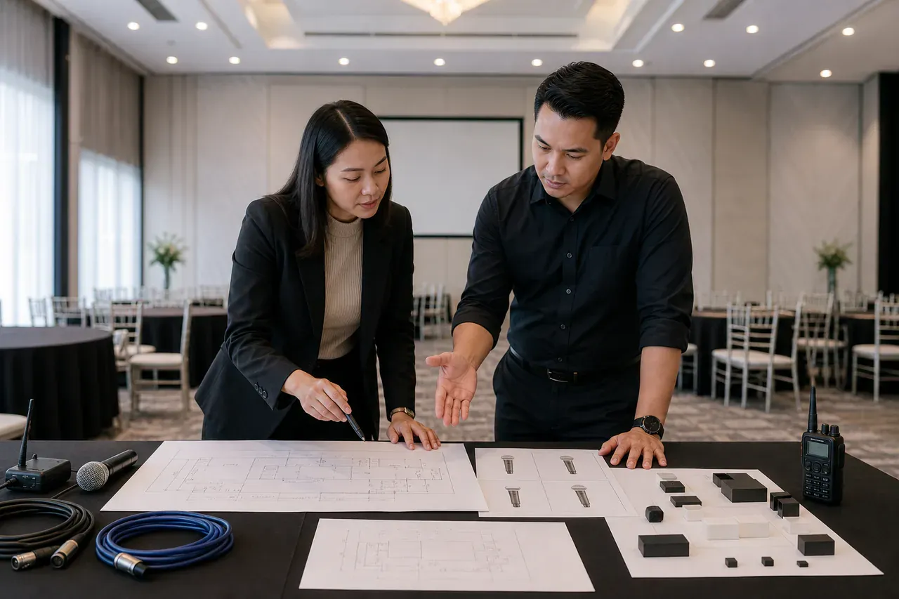 Chinese Malaysian event professionals preparing Event AV guides