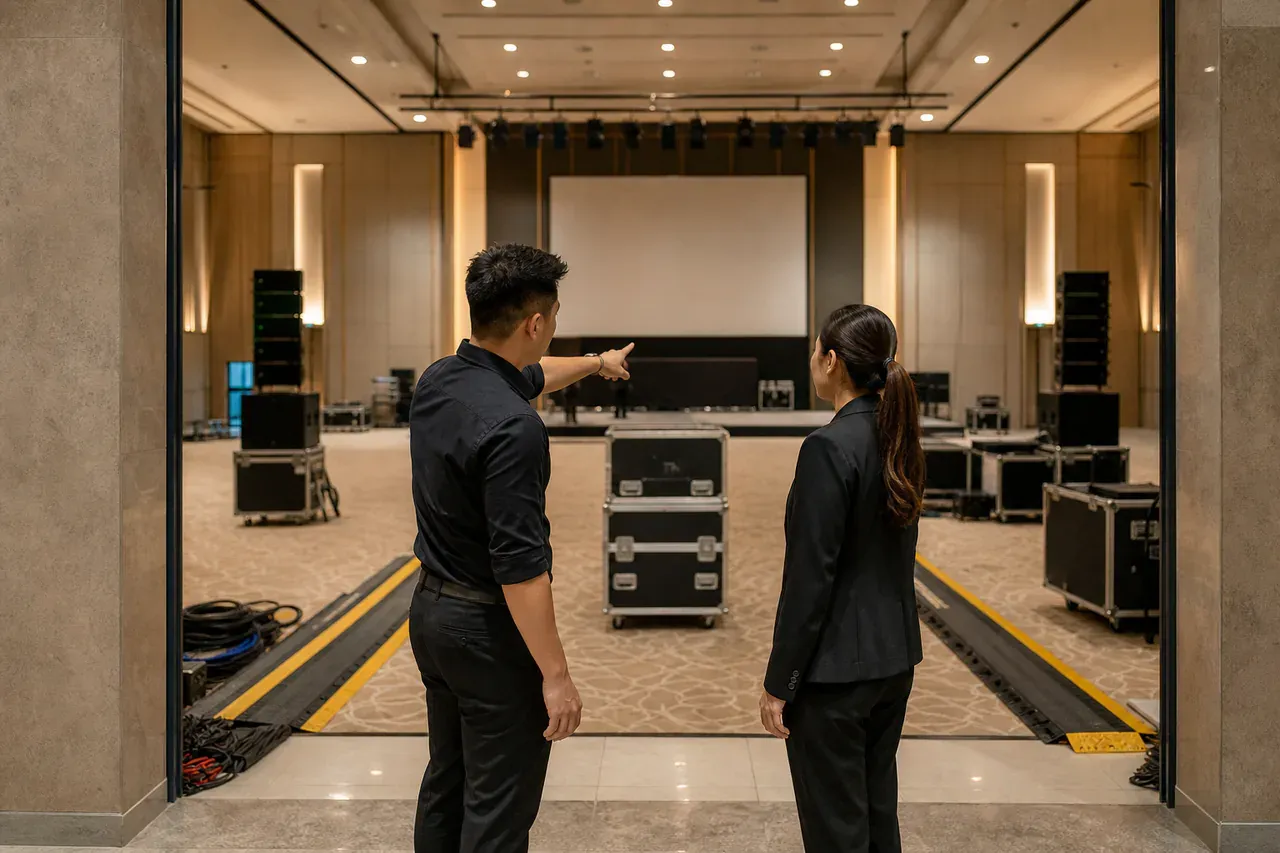 Chinese Malaysian event professionals preparing Klang Valley venue operations for event AV