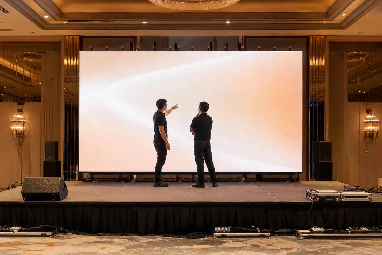 Chinese Malaysian event professionals preparing LED wall rental for events