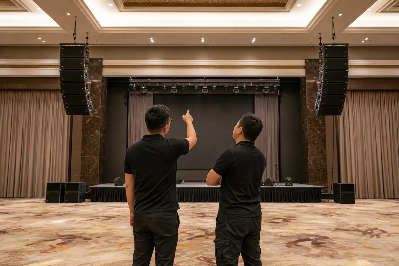 Chinese Malaysian event professionals preparing Line-array speakers rental guide