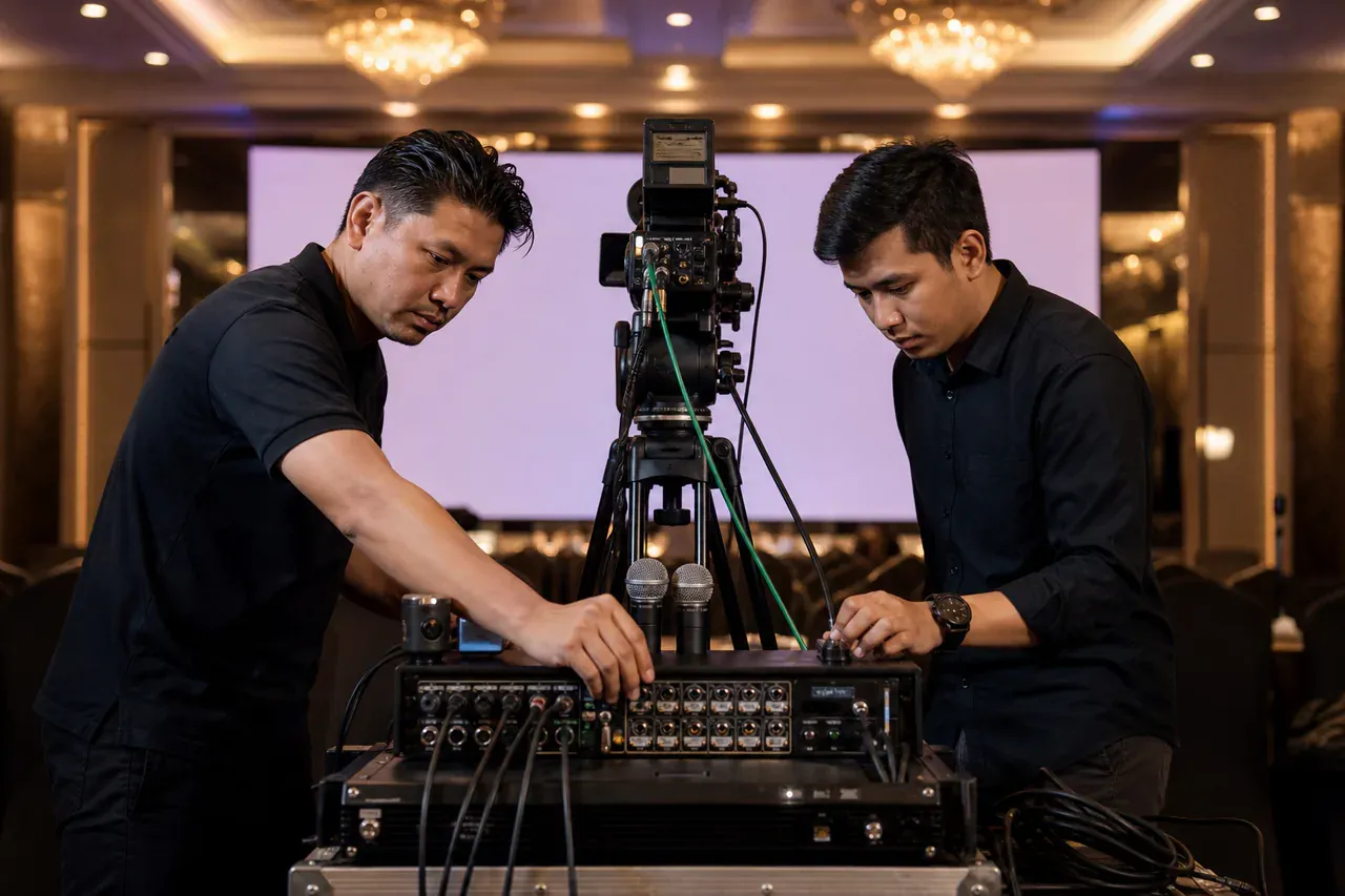 Chinese Malaysian event professionals preparing Livestream and hybrid-event AV support