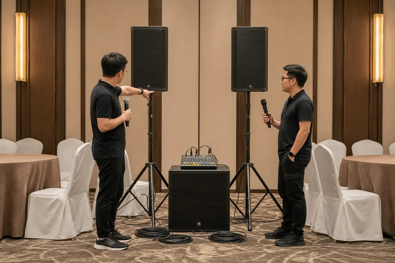 Chinese Malaysian event professionals preparing PA system rental for events