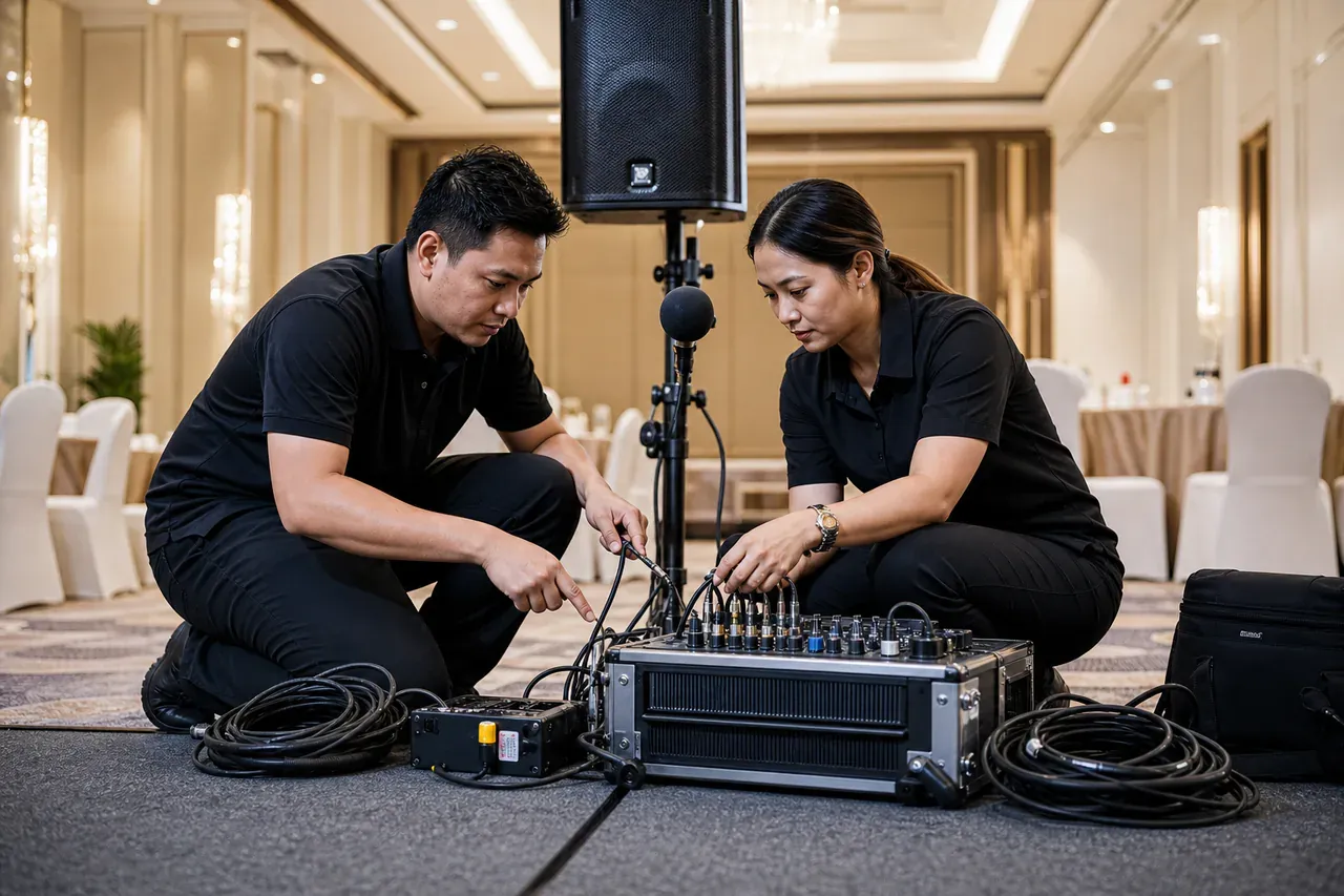 Chinese Malaysian event professionals preparing Solve an event AV problem