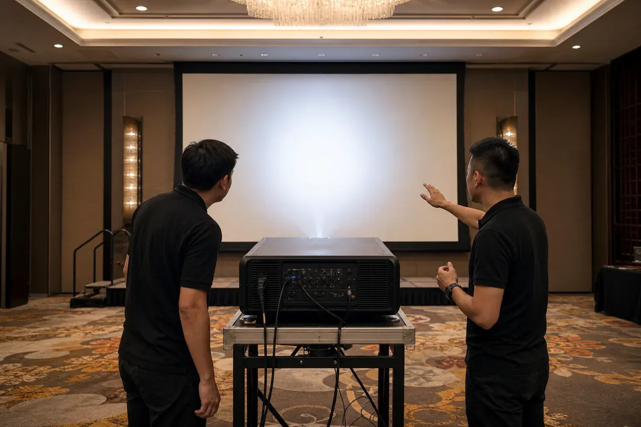 Chinese Malaysian event professionals preparing Event projector and screen rental