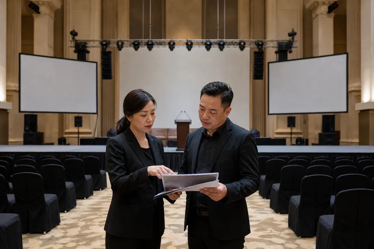 Chinese Malaysian event professionals preparing Putrajaya event AV guide