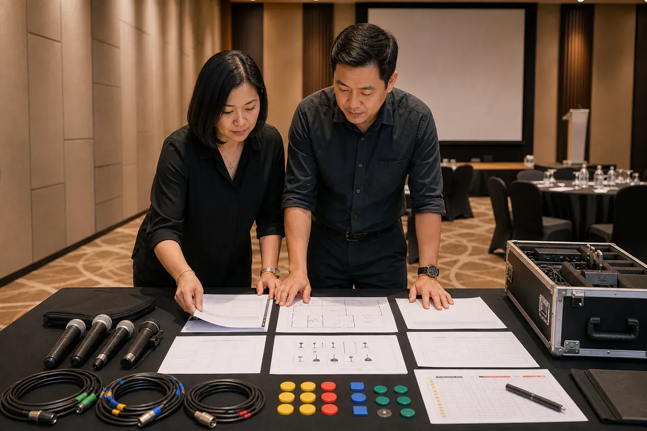 Chinese Malaysian event professionals preparing Event AV planning resources
