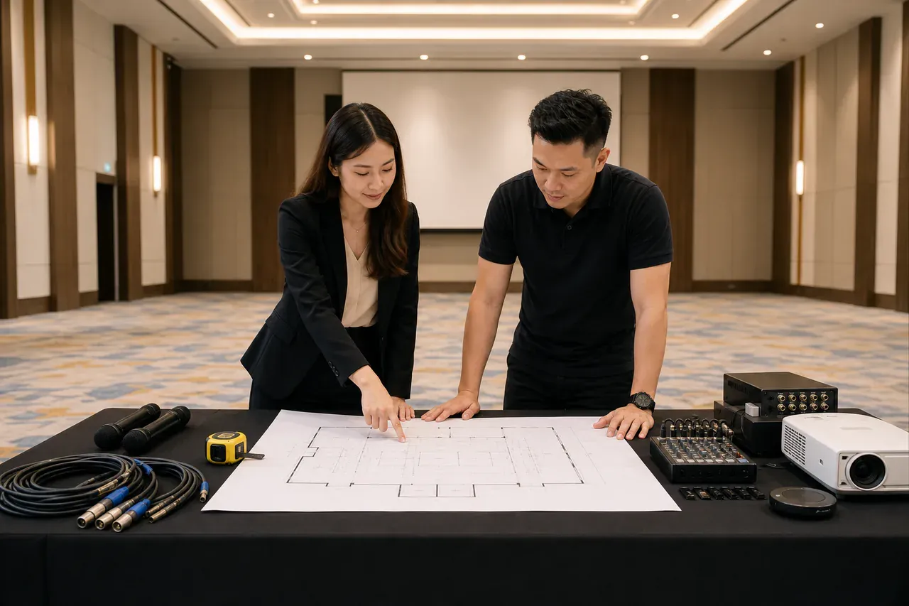Chinese Malaysian event professionals preparing Event AV planning tools