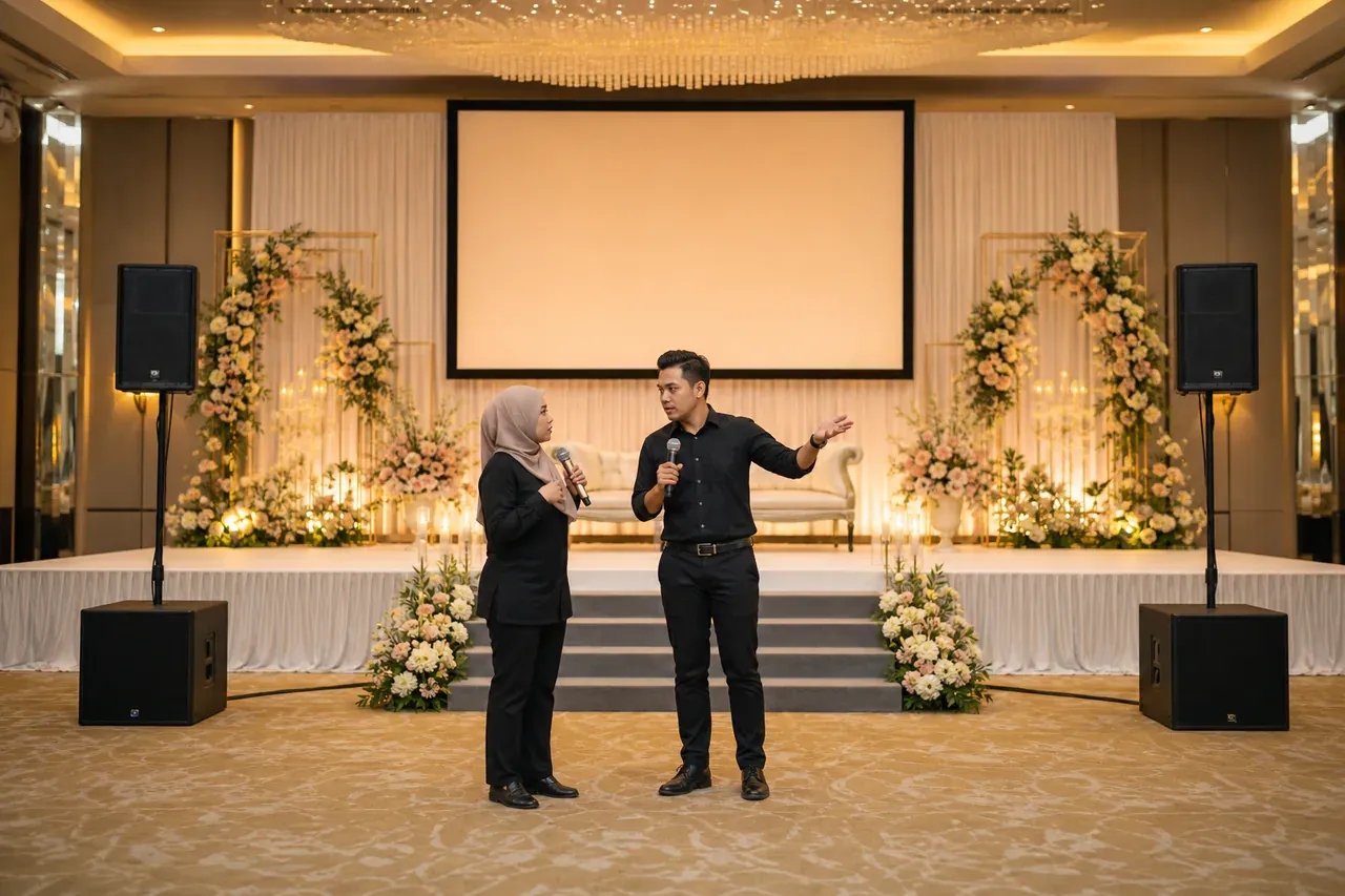 Profesional acara Melayu Malaysia menyediakan Sewaan bunyi, skrin dan AV perkahwinan