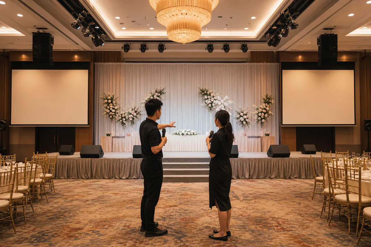 Chinese Malaysian event professionals preparing Wedding sound, screen and AV rental