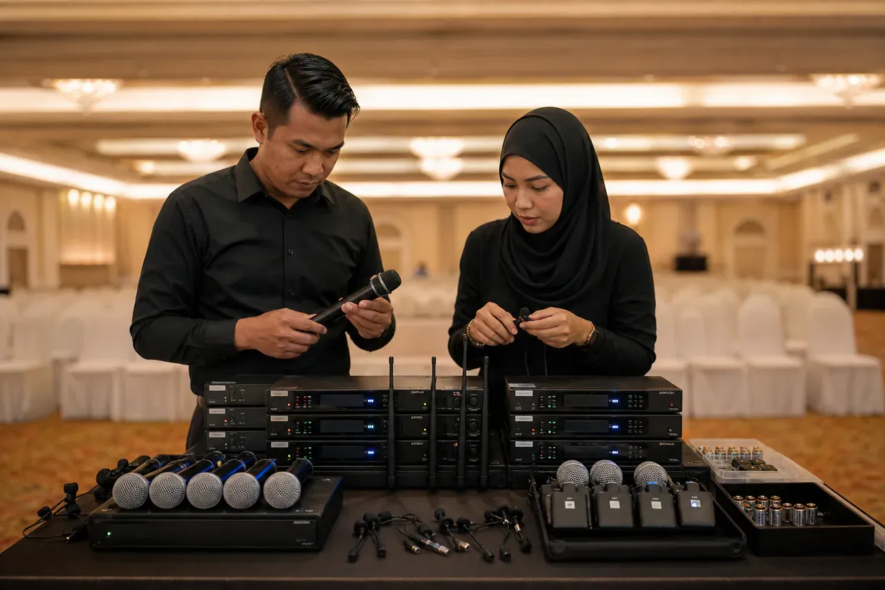 Chinese Malaysian event professionals preparing Wireless microphone rental for events